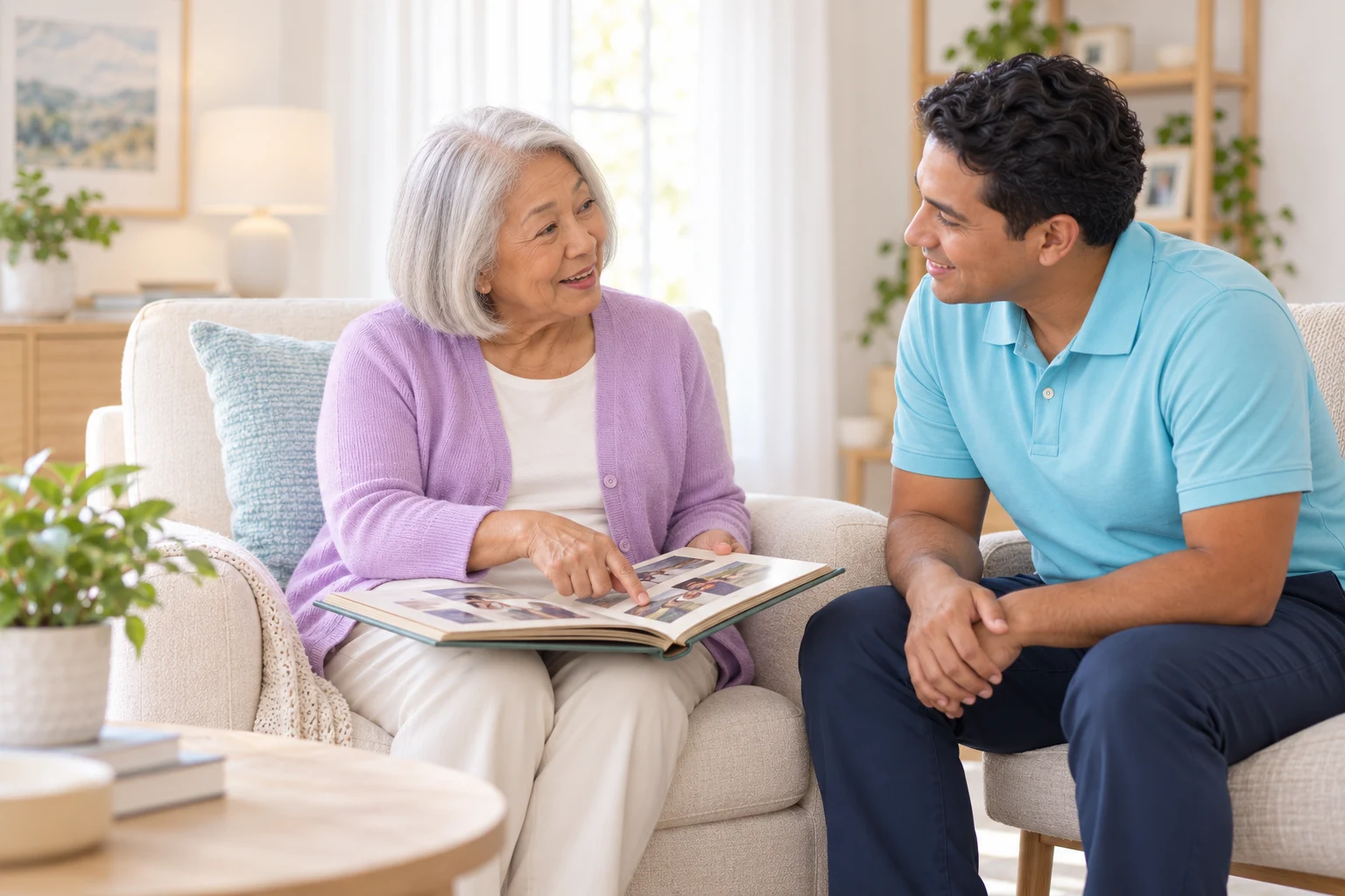 An older woman sharing family photographs with a caregiver